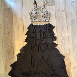 Rachel Allen 2 Piece Black and Gold Beaded Ruffled Gown Size 6